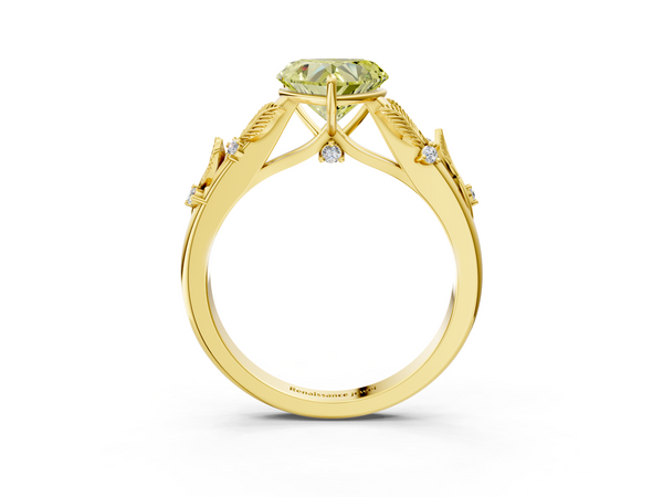 Yellow gold Fancy Yellow Heart Cut Diamond Solitaire Ring with Leaf Motif Band and Four-Prong Setting