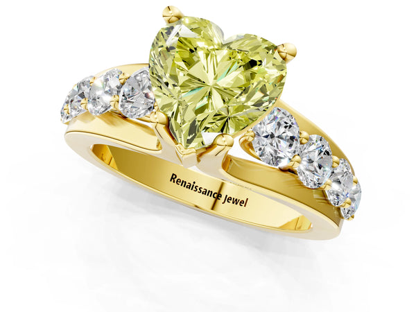 Yellow gold Fancy Yellow Heart  Brilliant Solitaire with Side Stones on a Pave Band and Four-Prong Setting