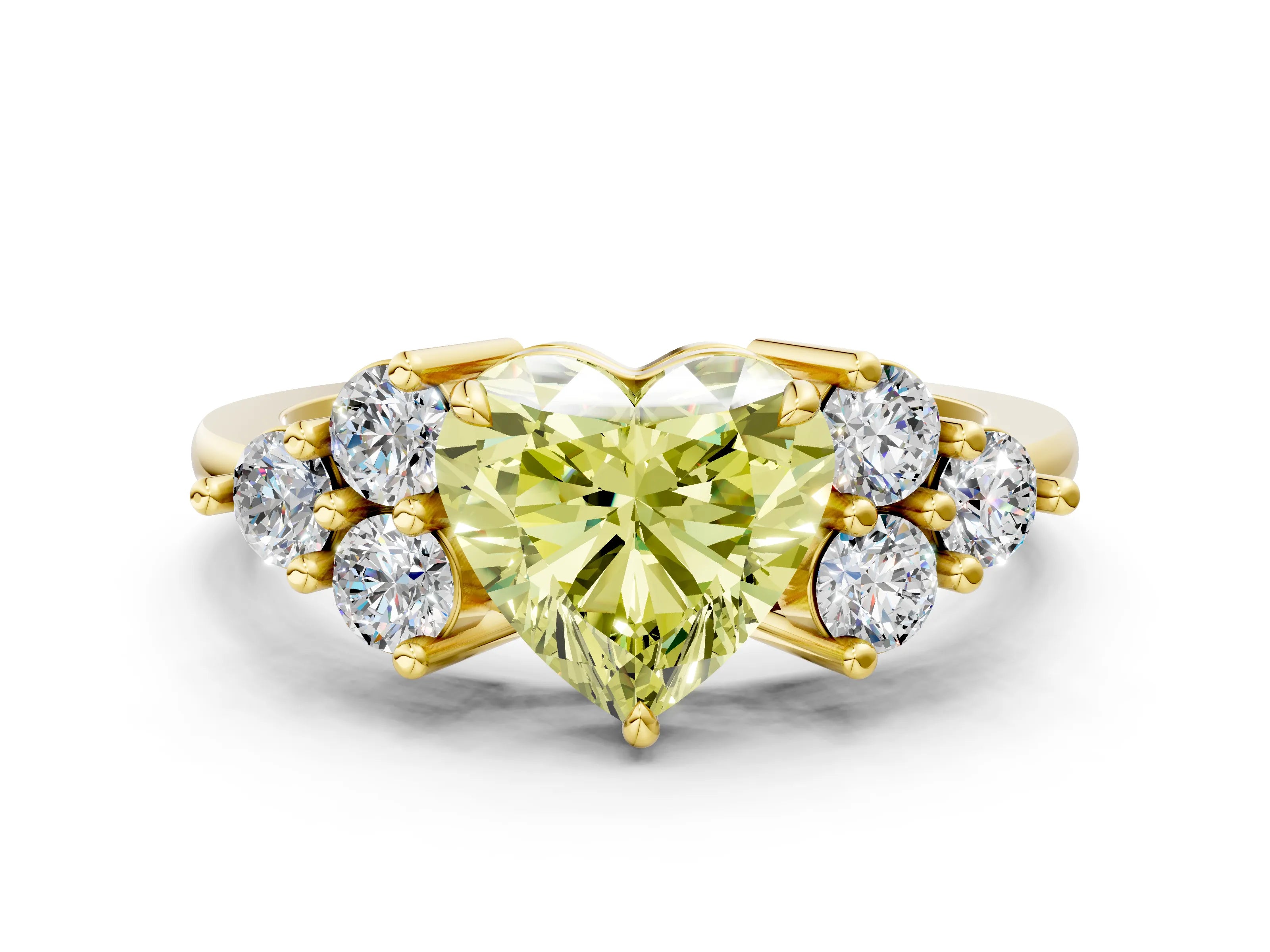 Yellow gold Fancy Yellow Heart Cut Brilliant Diamond Cluster Accent Solitaire Ring with Prong Setting