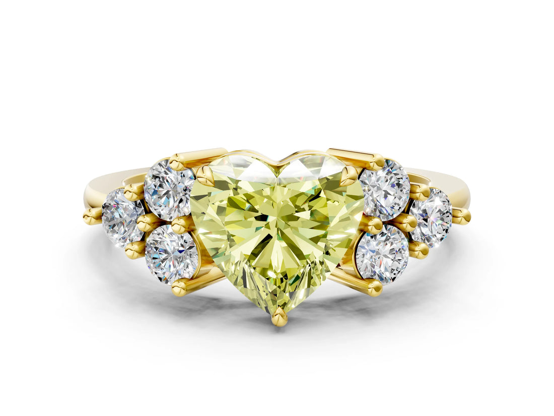 Yellow gold Fancy Yellow Heart Cut Brilliant Diamond Cluster Accent Solitaire Ring with Prong Setting