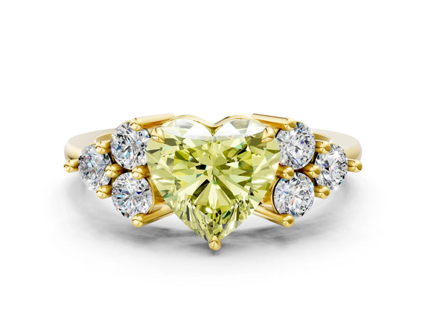 Yellow gold Fancy Yellow Heart Cut Brilliant Diamond Cluster Accent Solitaire Ring with Prong Setting