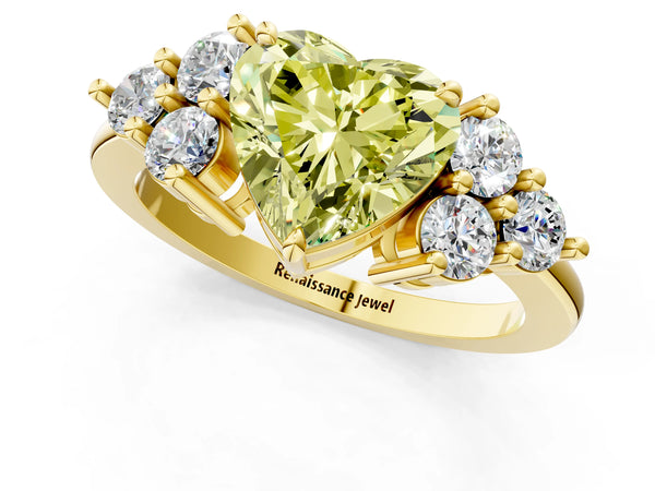 Yellow gold Fancy Yellow Heart Cut Brilliant Diamond Cluster Accent Solitaire Ring with Prong Setting
