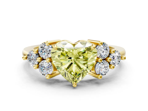 Yellow gold Fancy Yellow Heart Cut Brilliant Diamond Cluster Accent Solitaire Ring with Prong Setting