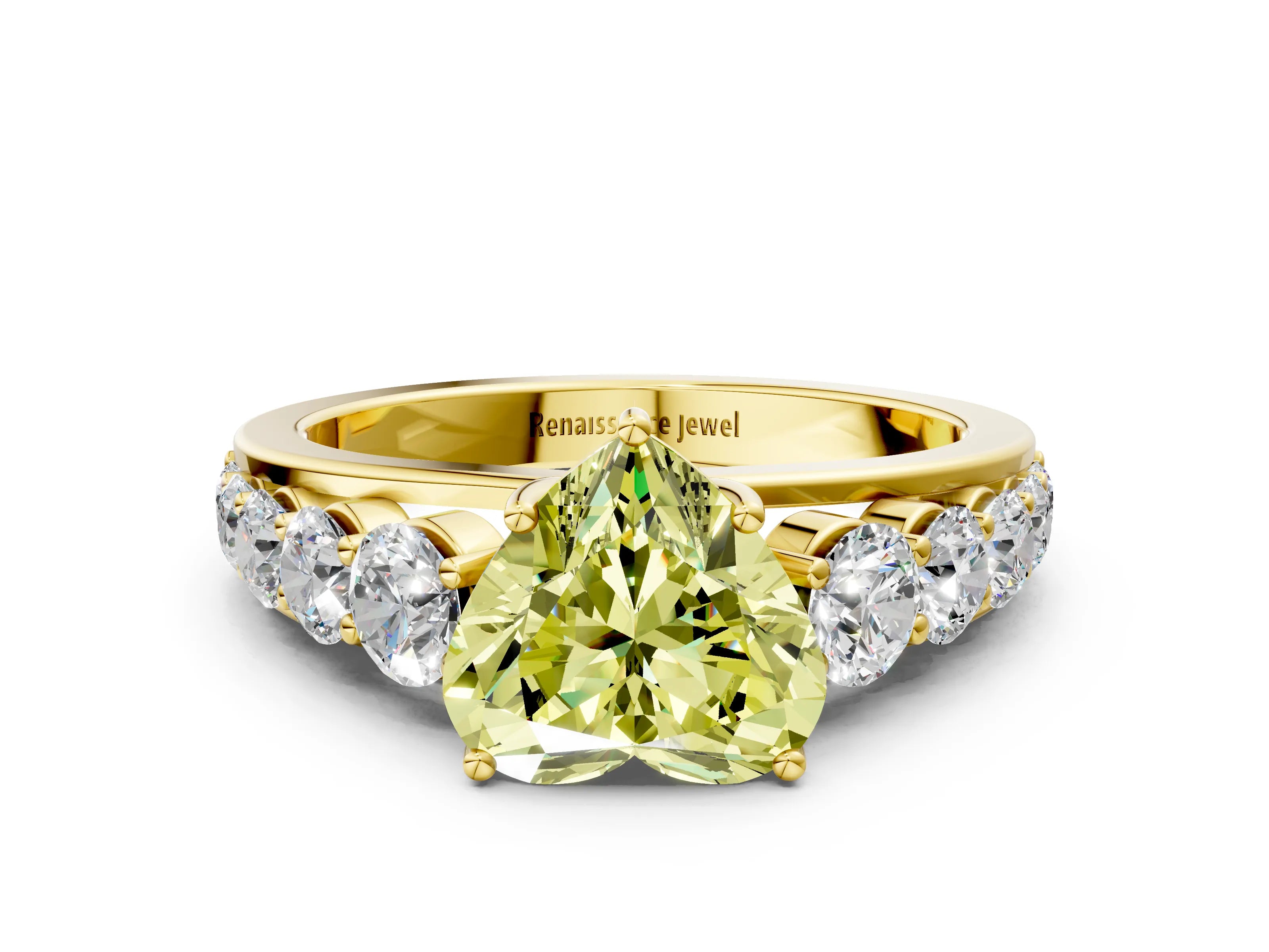 Yellow gold Fancy Yellow Heart Cut Brilliant Diamond Pavé Band with Six-Prong Setting