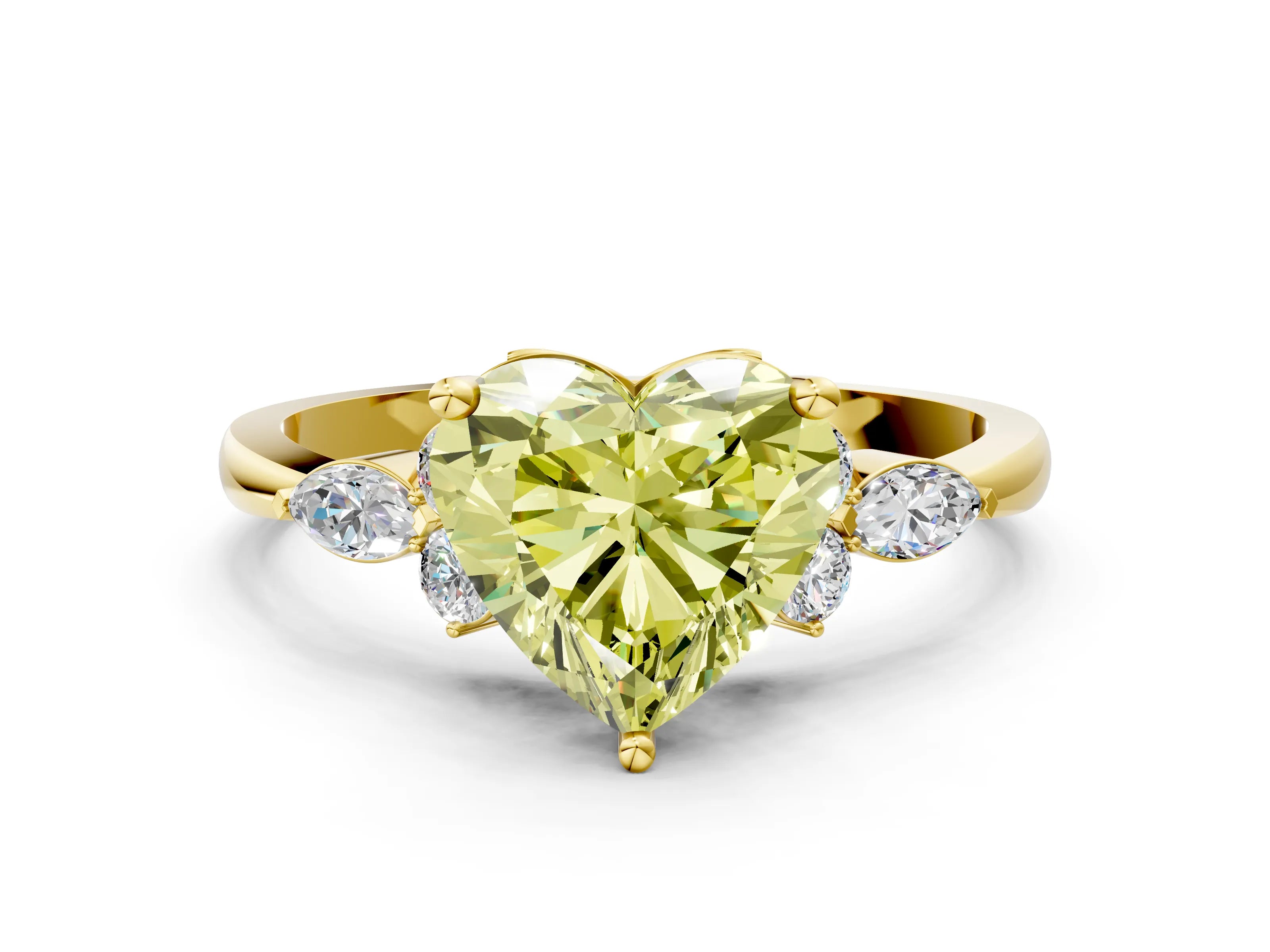 Yellow gold Fancy Yellow Heart Cut Brilliant Diamond Solitaire Ring with Pear Side Stones and Four-Prong Setting_3
