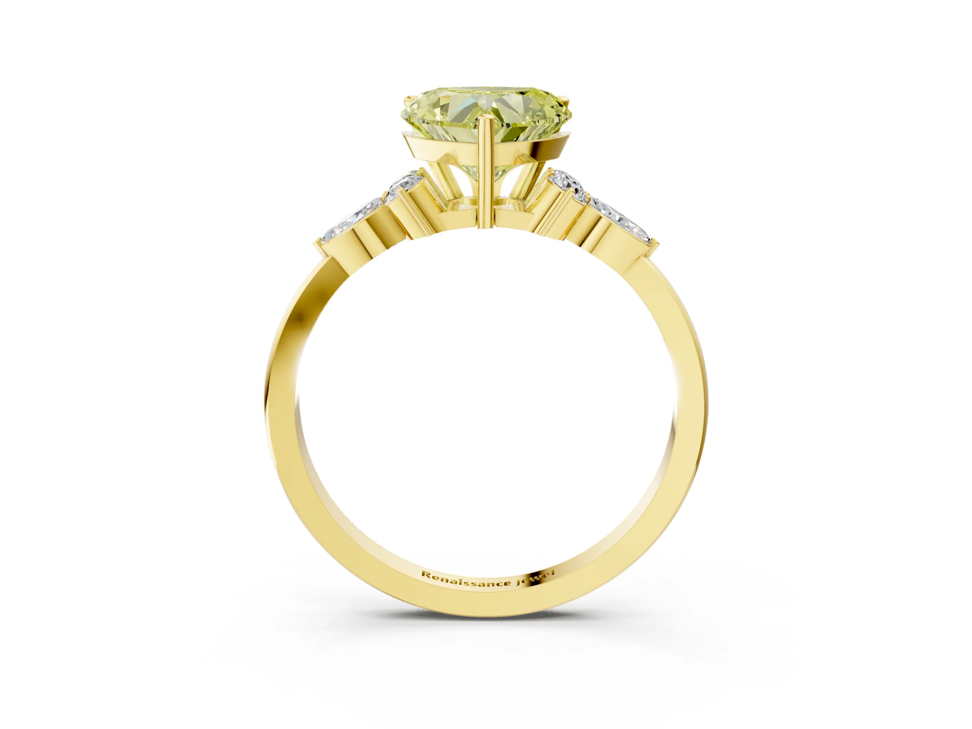 Yellow gold Fancy Yellow Heart Cut Brilliant Diamond Solitaire Ring with Pear Side Stones and Four-Prong Setting_6