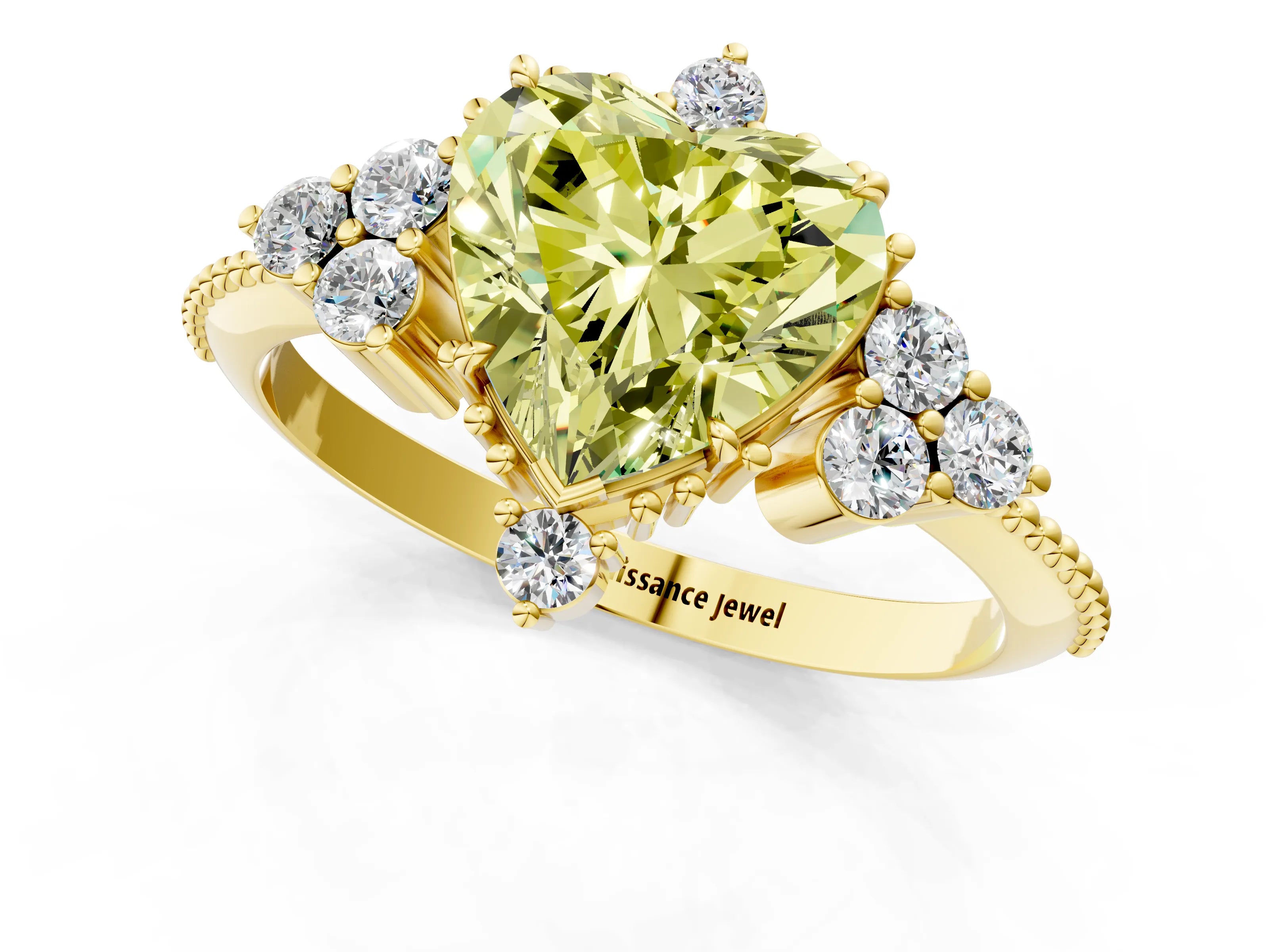 Yellow gold Fancy Yellow Heart Cut Brilliant Diamond with Cluster Setting on a Beaded Band and Four-Prong Setting_1