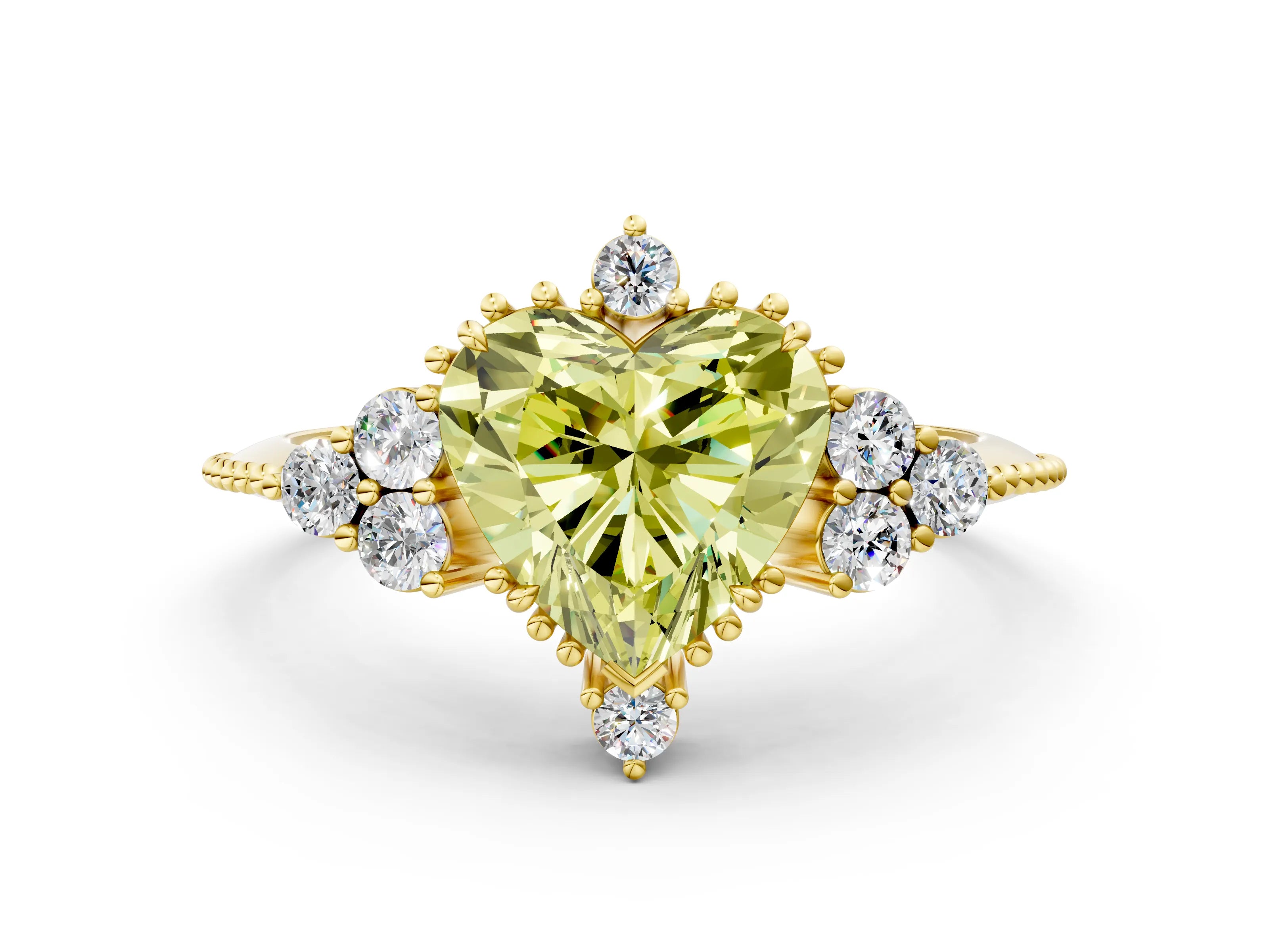Yellow gold Fancy Yellow Heart Cut Brilliant Diamond with Cluster Setting on a Beaded Band and Four-Prong Setting_12