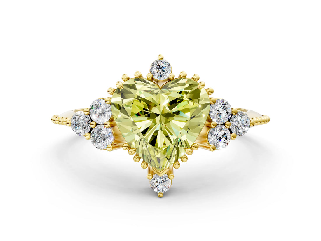 Yellow gold Fancy Yellow Heart Cut Brilliant Diamond with Cluster Setting on a Beaded Band and Four-Prong Setting_12