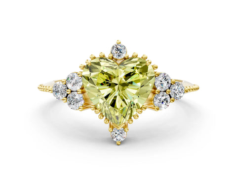 Yellow gold Fancy Yellow Heart Cut Brilliant Diamond with Cluster Setting on a Beaded Band and Four-Prong Setting_12