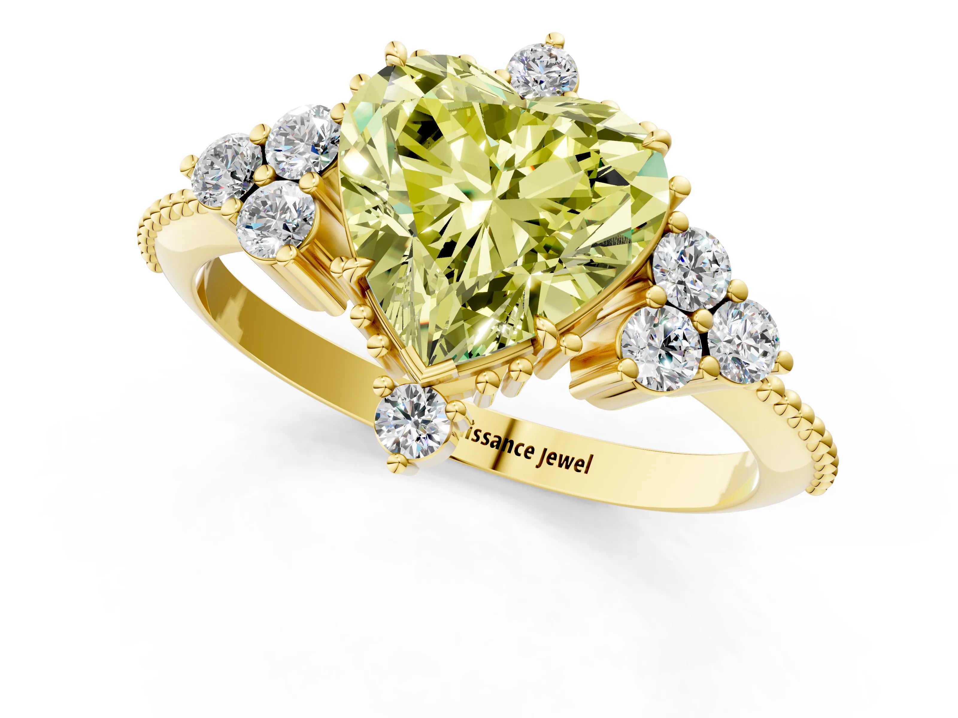 Yellow gold Fancy Yellow Heart Cut Brilliant Diamond with Cluster Setting on a Beaded Band and Four-Prong Setting_13