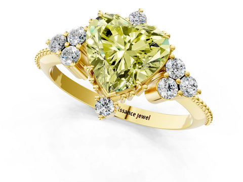 Yellow gold Fancy Yellow Heart Cut Brilliant Diamond with Cluster Setting on a Beaded Band and Four-Prong Setting_1