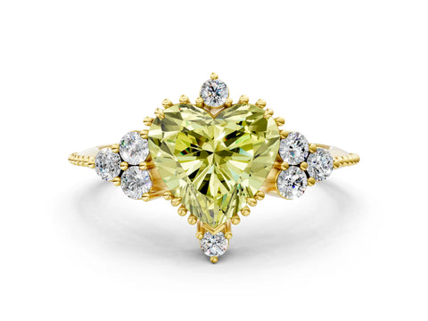 Yellow gold Fancy Yellow Heart Cut Brilliant Diamond with Cluster Setting on a Beaded Band and Four-Prong Setting