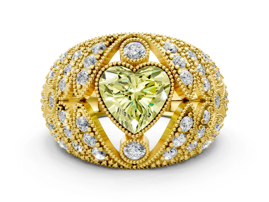 Yellow gold Fancy Yellow Heart Cut Brilliant Halo Pave Diamond Milgrain Ring