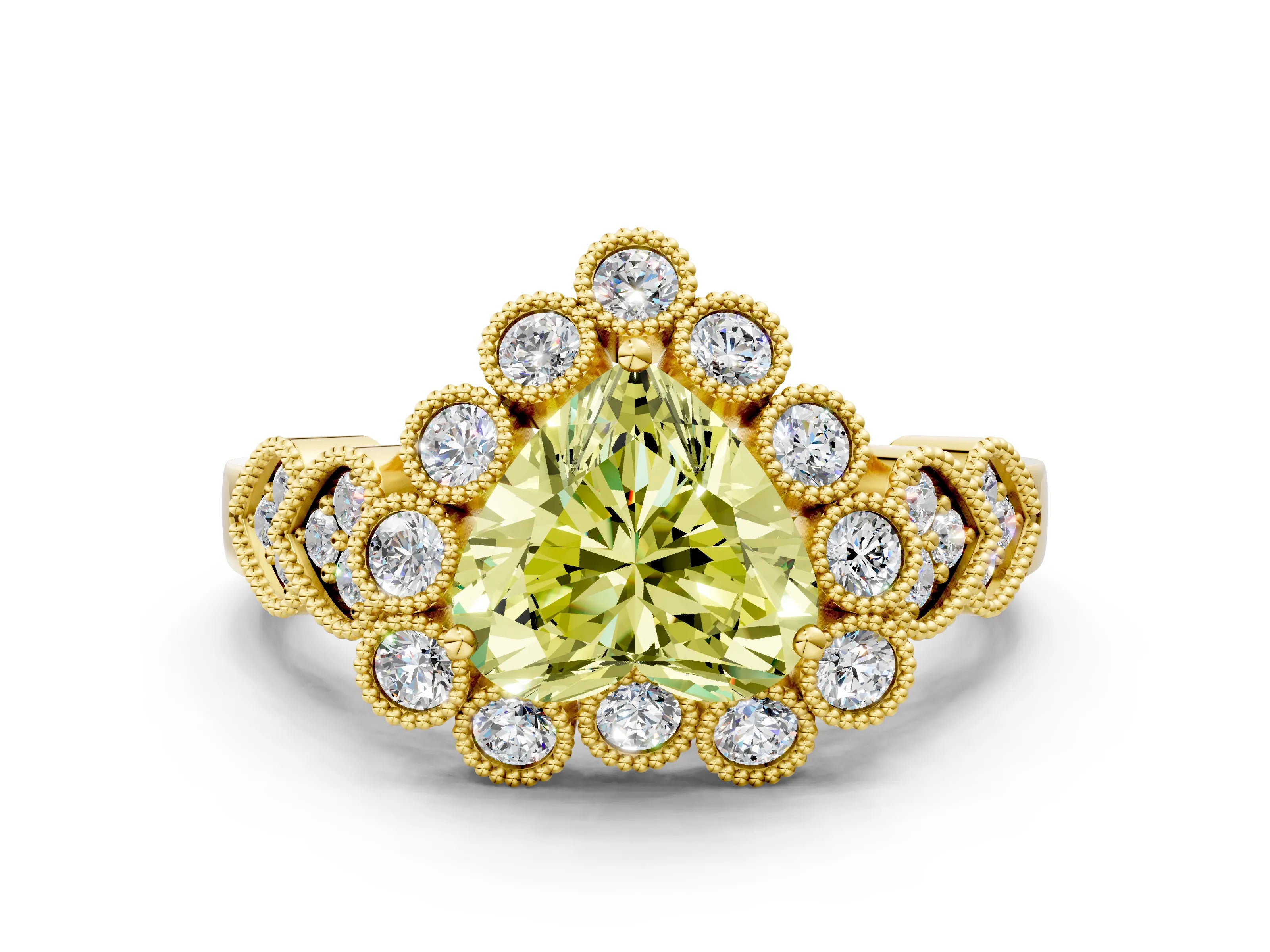 Yellow gold Fancy Yellow Heart Cut Brilliant Milgrain Pave Heart Band Solitaire Ring