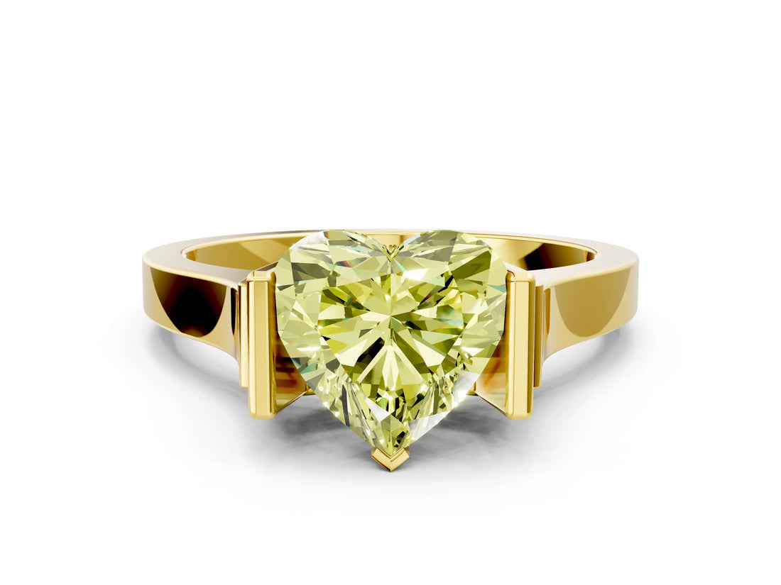 Yellow gold Fancy Yellow Heart Cut Brilliant Solitaire Diamond Ring with Channel Set Band and Bar Prong Setting