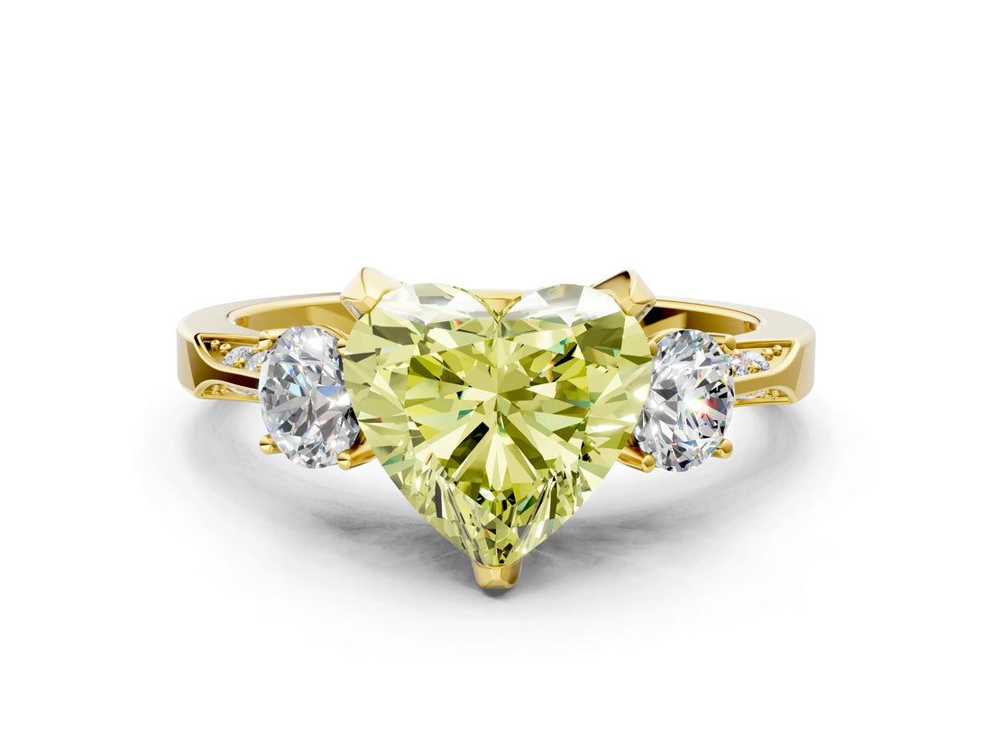 Yellow gold Fancy Yellow Heart Cut Brilliant Three-Stone Diamond Ring with Pavé Band and Four-Prong Setting_3