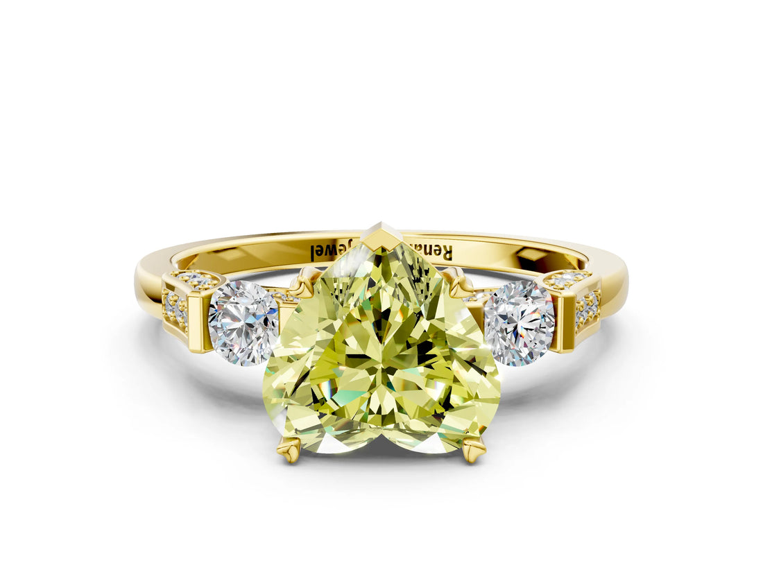 Yellow gold Fancy Yellow Heart Cut Brilliant Three-Stone Pave Band with Four-Prong Setting