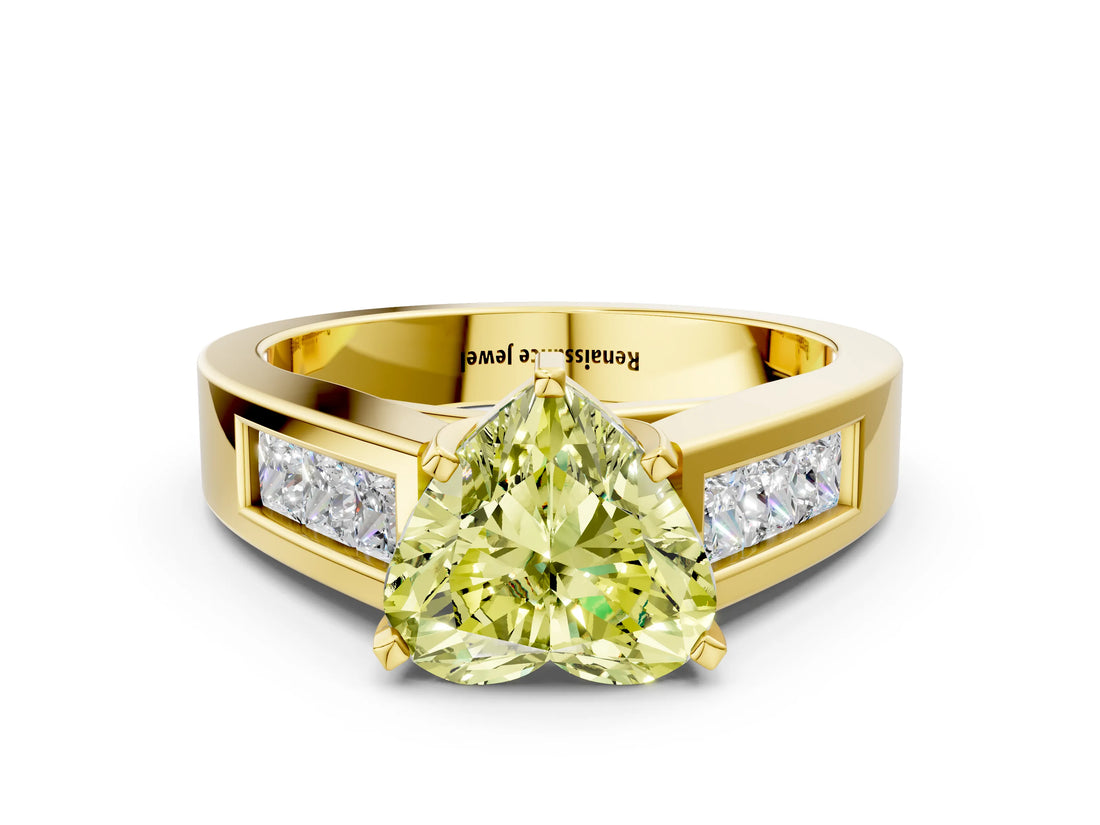 Yellow gold Fancy Yellow Heart Cut Cut Channel Set Solitaire Ring with Four-Prong Setting