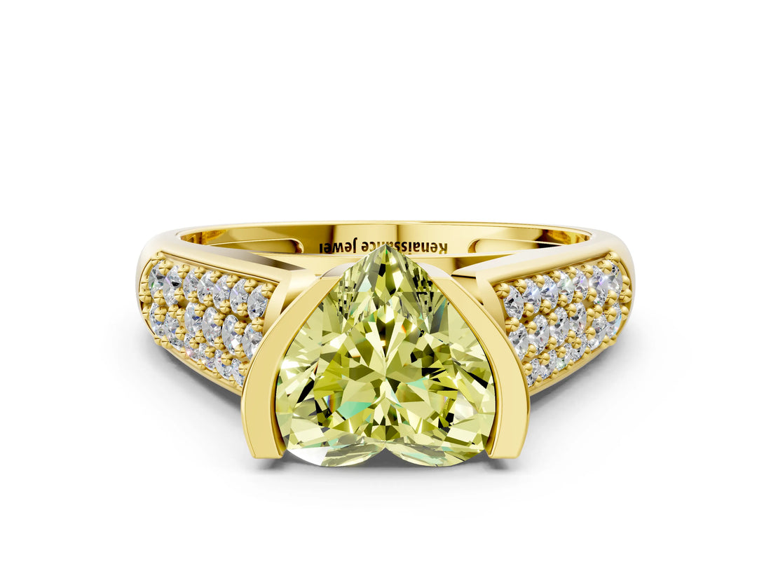 Yellow gold Fancy Yellow Heart Cut Cut Diamond Channel Set Pave Band with Tension Prong Setting