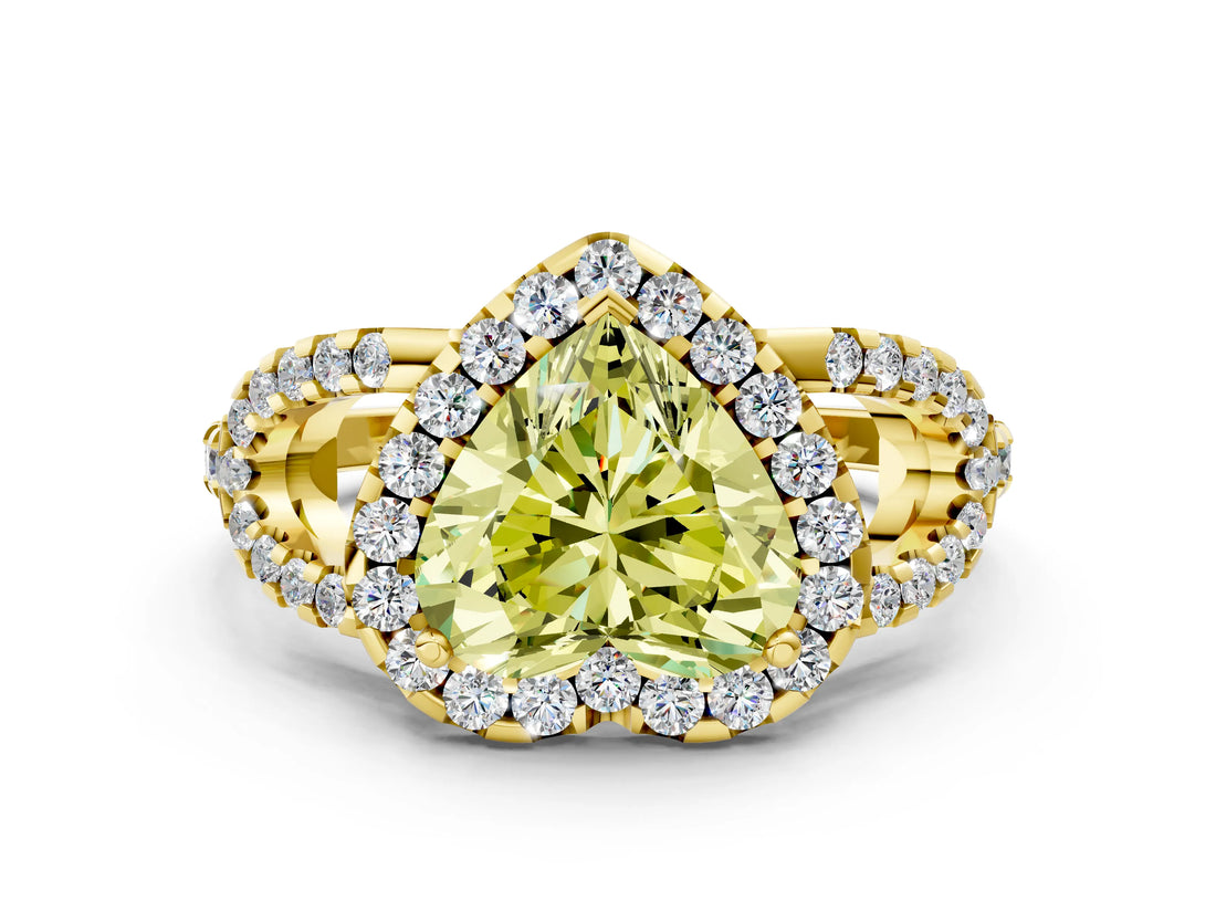 Yellow gold Fancy Yellow Heart Cut Cut Diamond Halo Engagement Ring with Open Split Pavé Band