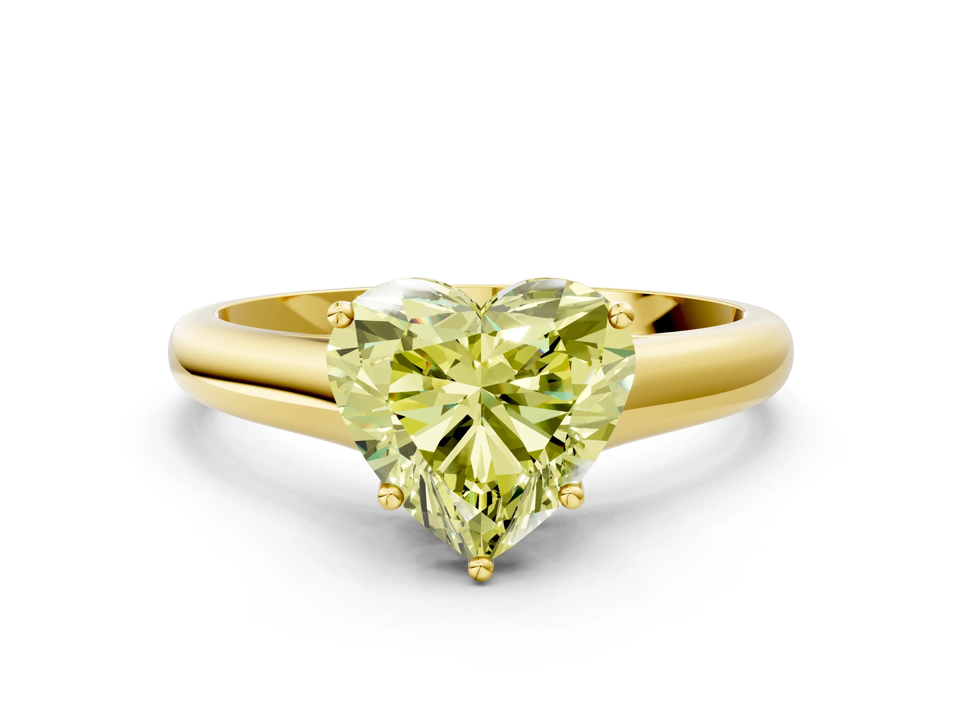Yellow gold Fancy Yellow Heart Cut Cut Diamond Solitaire Engagement Ring with Tapered Plain Band and Four-Prong Setting
