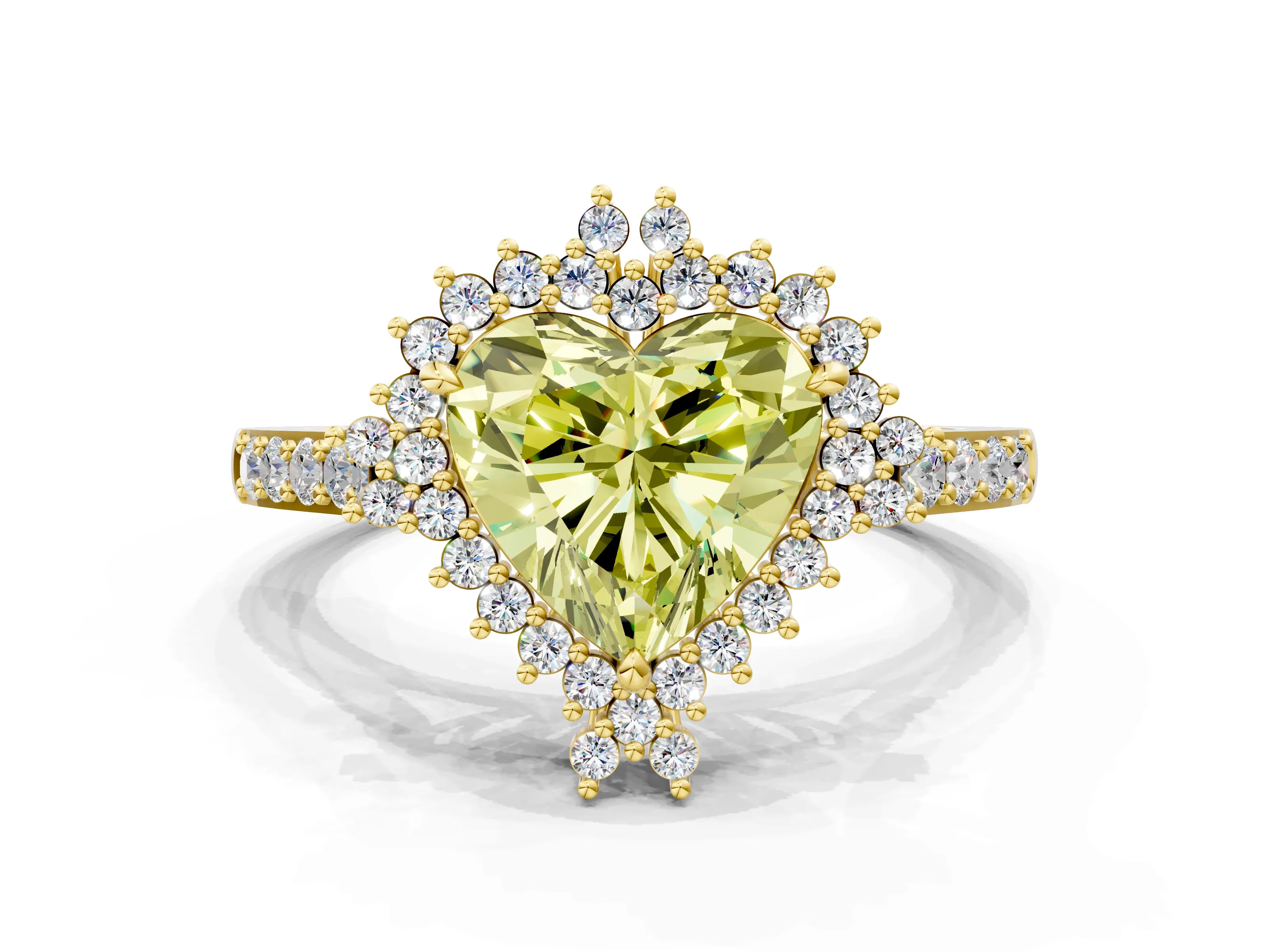 Yellow gold Fancy Yellow Heart Cut Cut Diamond Sunburst Halo Engagement Ring with Pavé Band