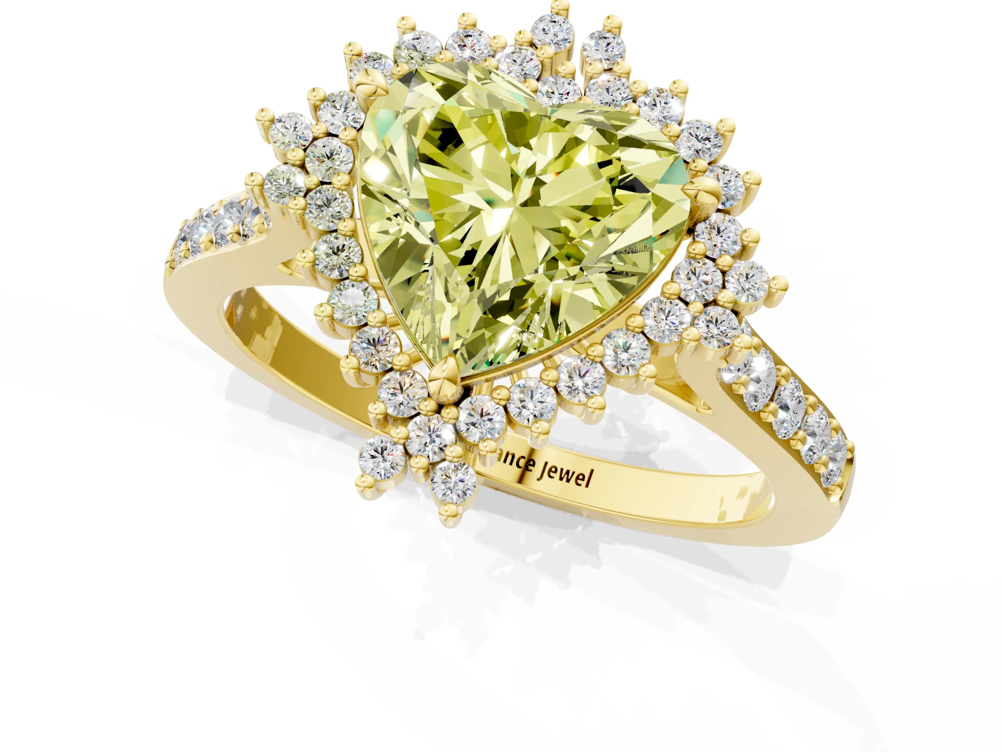 Yellow gold Fancy Yellow Heart Cut Cut Diamond Sunburst Halo Engagement Ring with Pavé Band_1