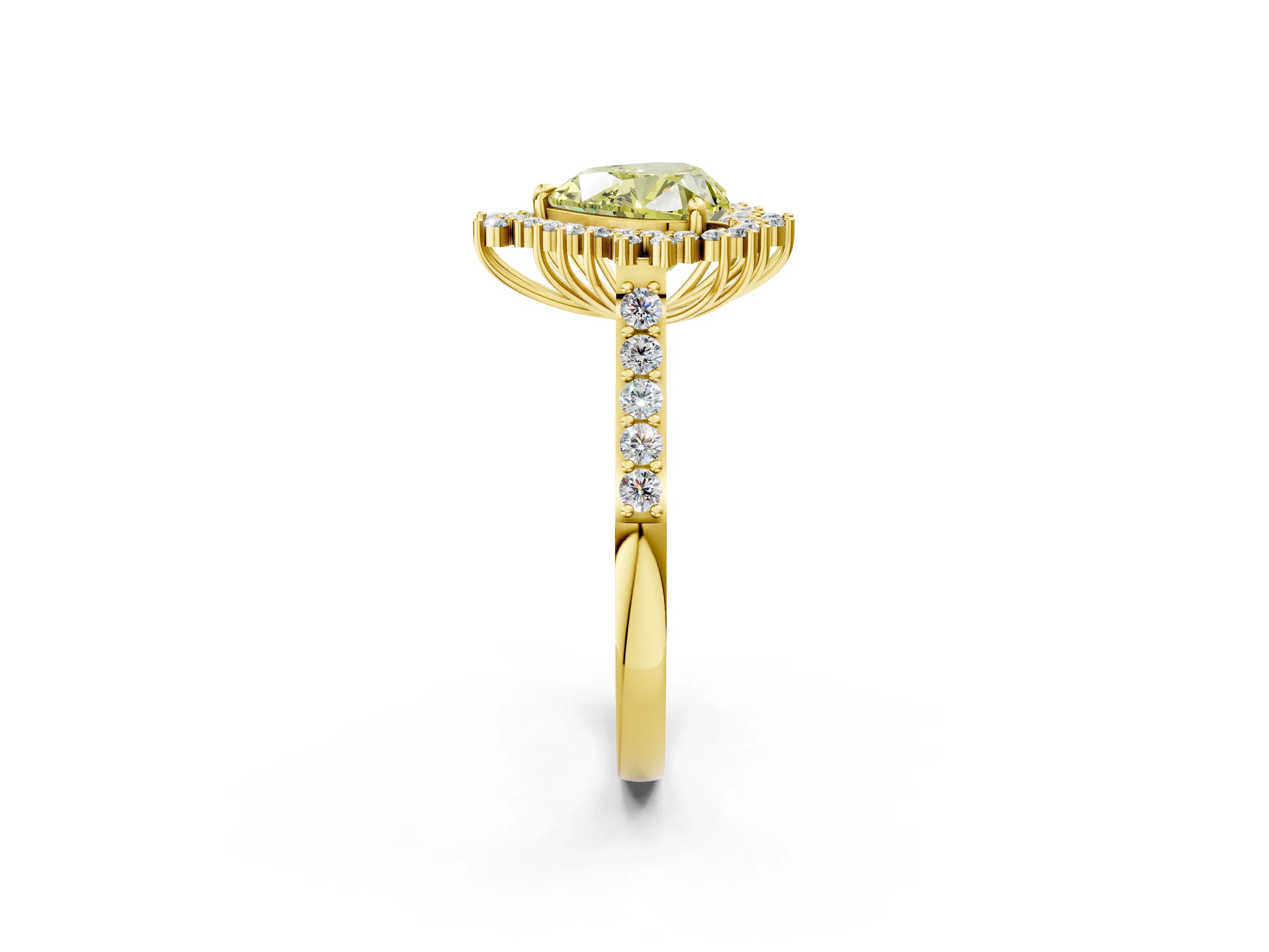 Yellow gold Fancy Yellow Heart Cut Cut Diamond Sunburst Halo Engagement Ring with Pavé Band_2