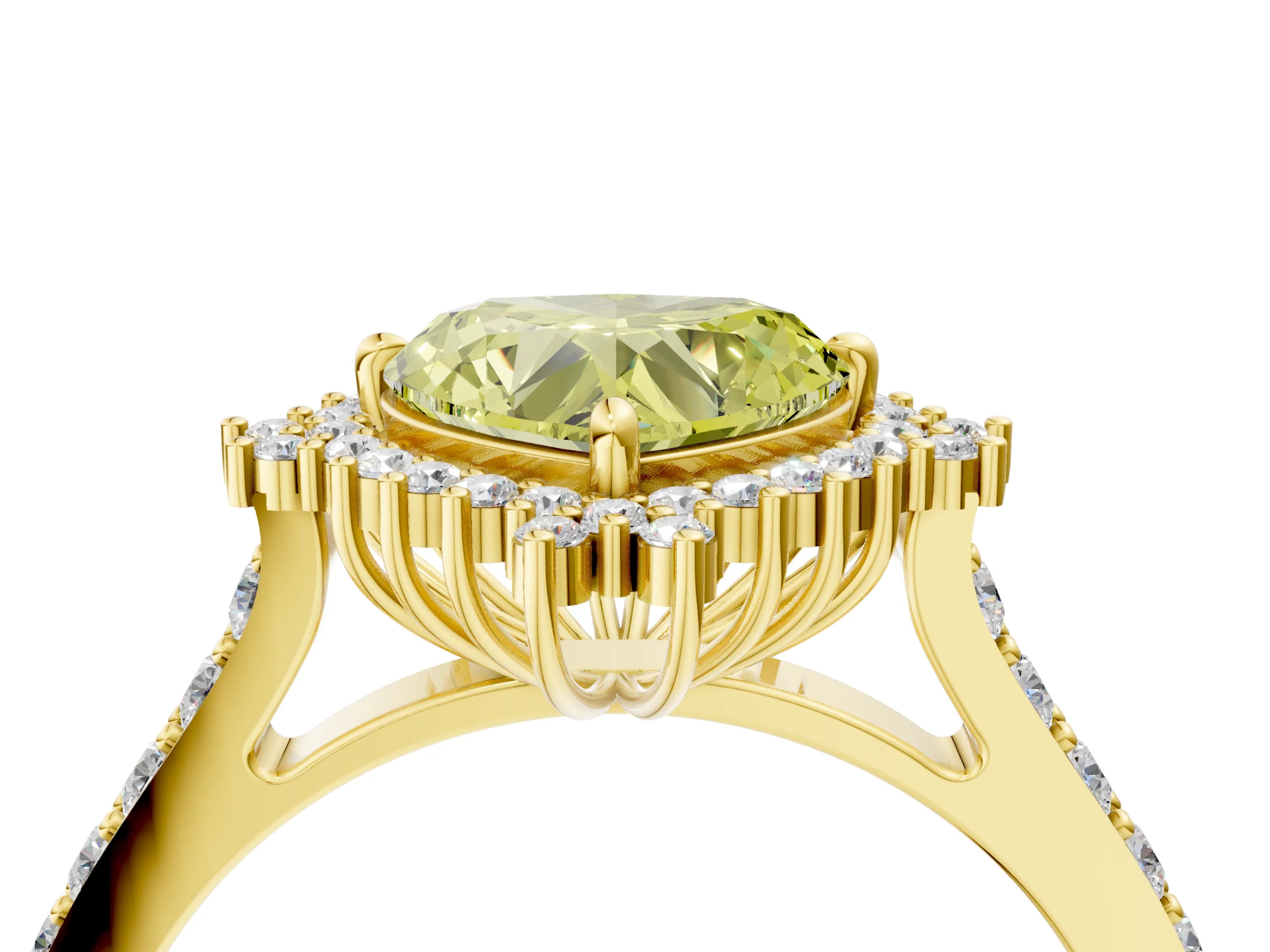 Yellow gold Fancy Yellow Heart Cut Cut Diamond Sunburst Halo Engagement Ring with Pavé Band_4
