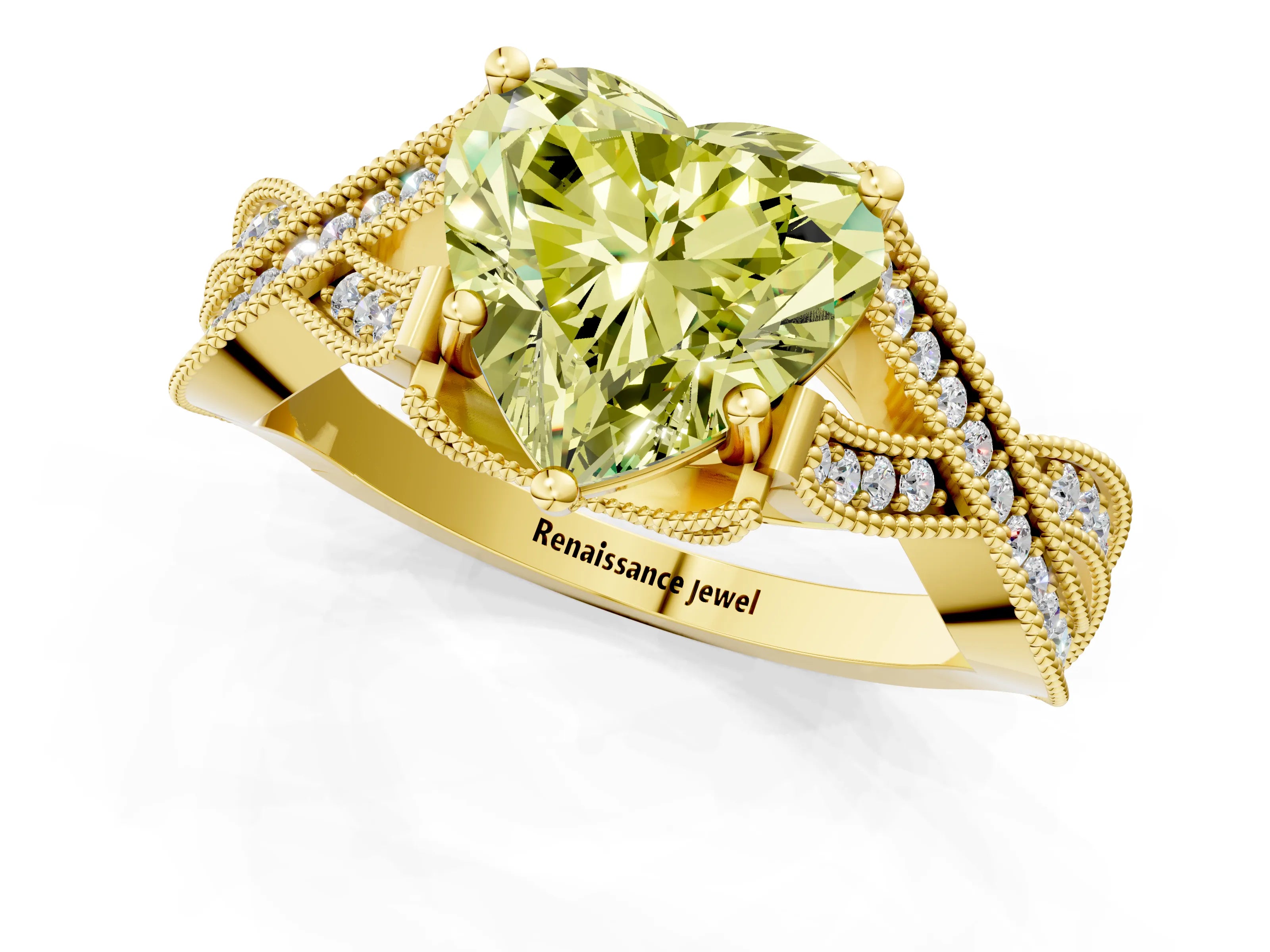 Yellow gold Fancy Yellow Heart Cut Cut Diamond Twisted Band with Milgrain Pave Setting and Four-Prong Setting_1