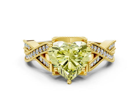 Yellow gold Fancy Yellow Heart Cut Cut Diamond Twisted Band with Milgrain Pave Setting and Four-Prong Setting