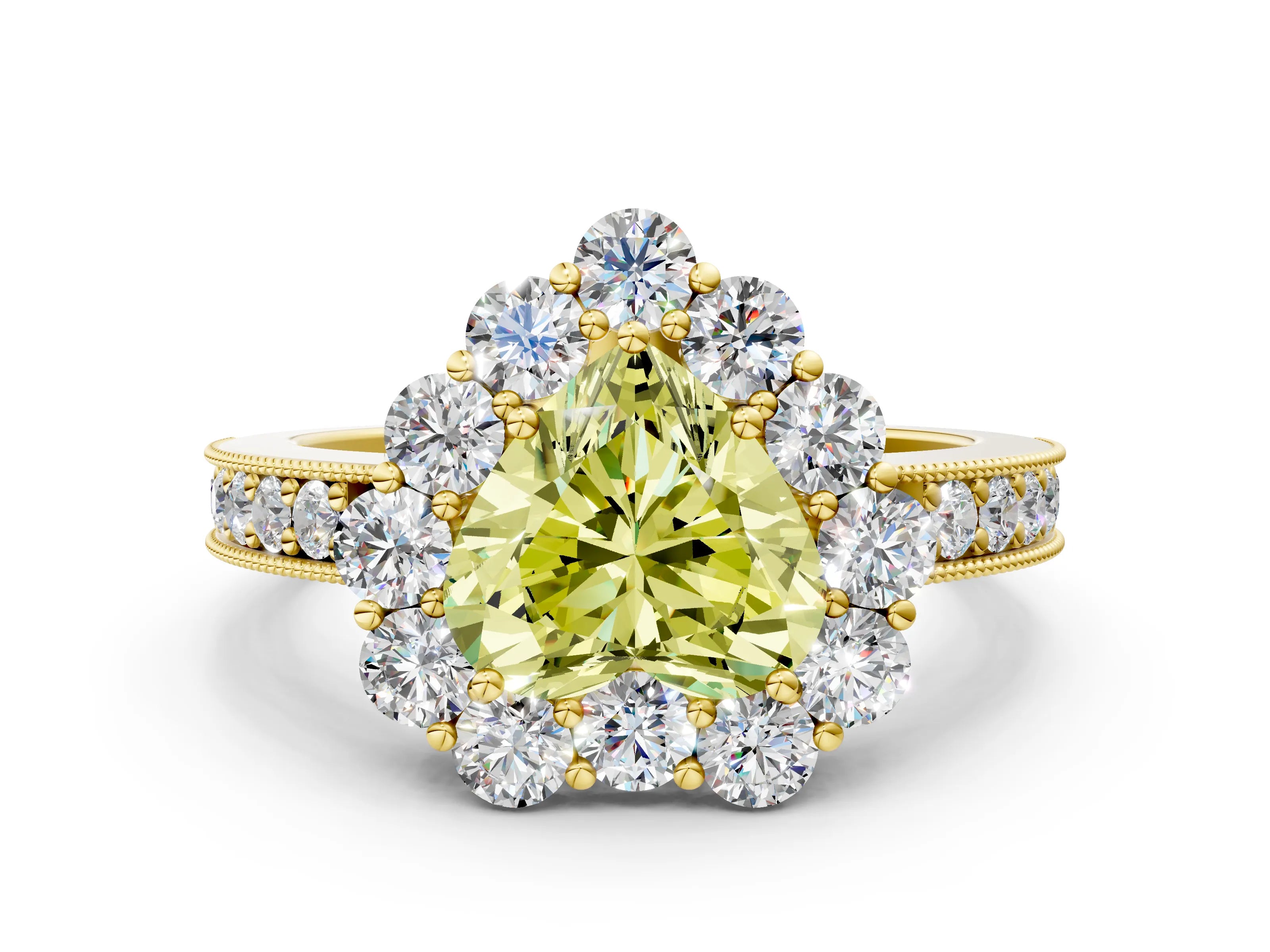Yellow gold Fancy Yellow Heart Cut Cut Halo Diamond Pavé Engagement Ring with Milgrain Detailing