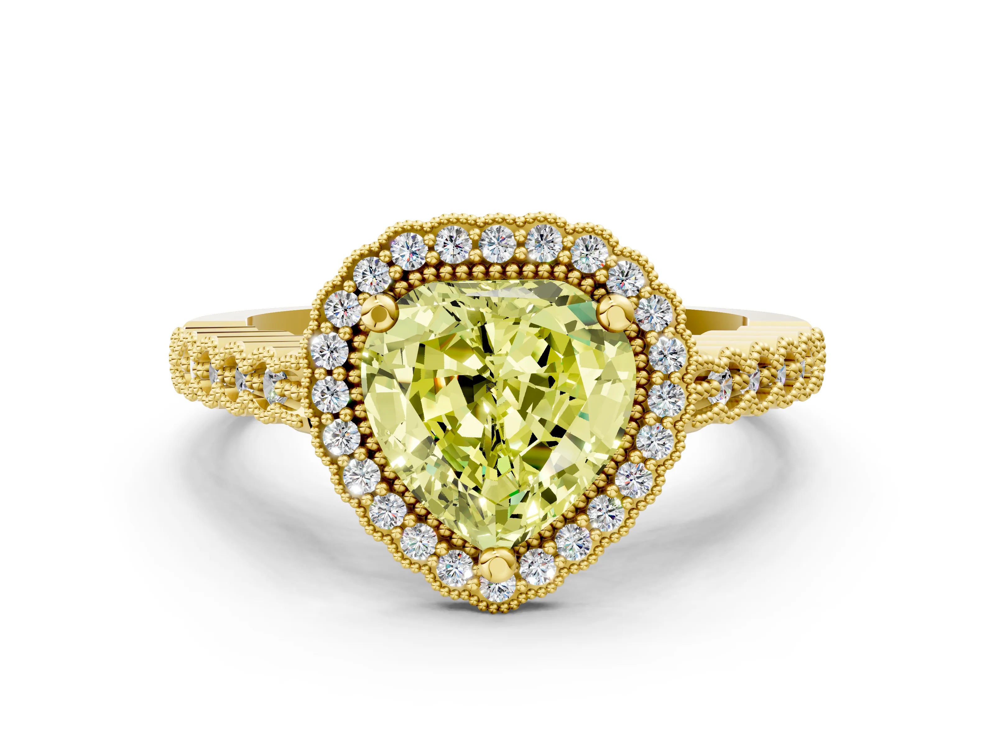 Yellow gold Fancy Yellow Heart Cut Cut Halo Pavé Solitaire Ring with Milgrain Band