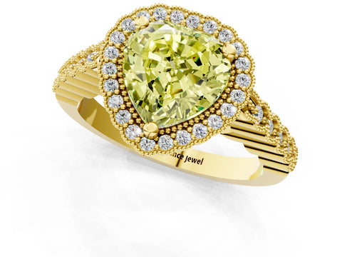 Yellow gold Fancy Yellow Heart Cut Cut Halo Pavé Solitaire Ring with Milgrain Band_1