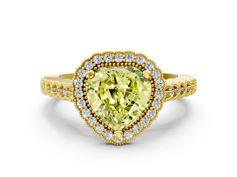 Yellow gold Fancy Yellow Heart Cut Cut Halo Pavé Solitaire Ring with Milgrain Band