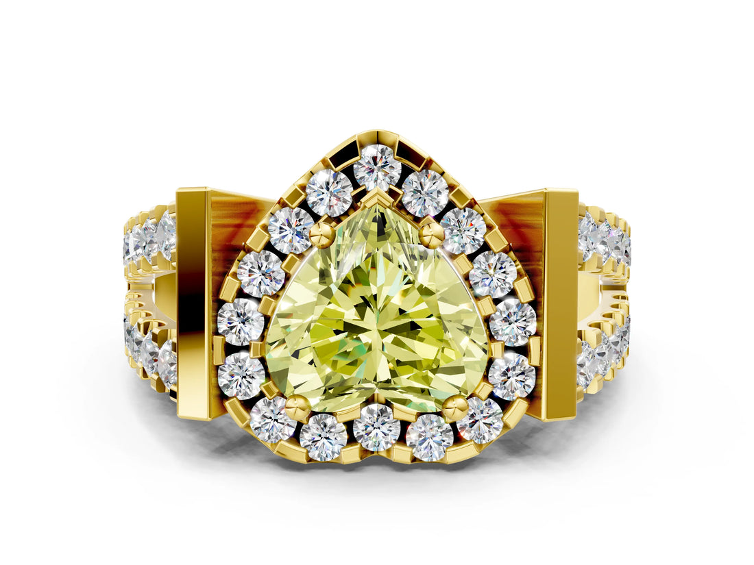 Yellow gold Fancy Yellow Heart Cut Cut Halo Split Shank Prong Set Ring