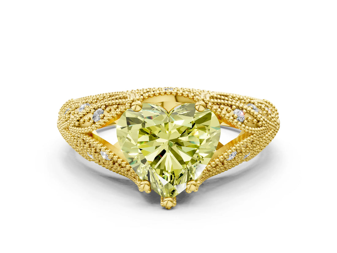 Yellow gold Fancy Yellow Heart Cut Cut Milgrain Pave Diamond Engagement Ring with Four-Prong Setting_3