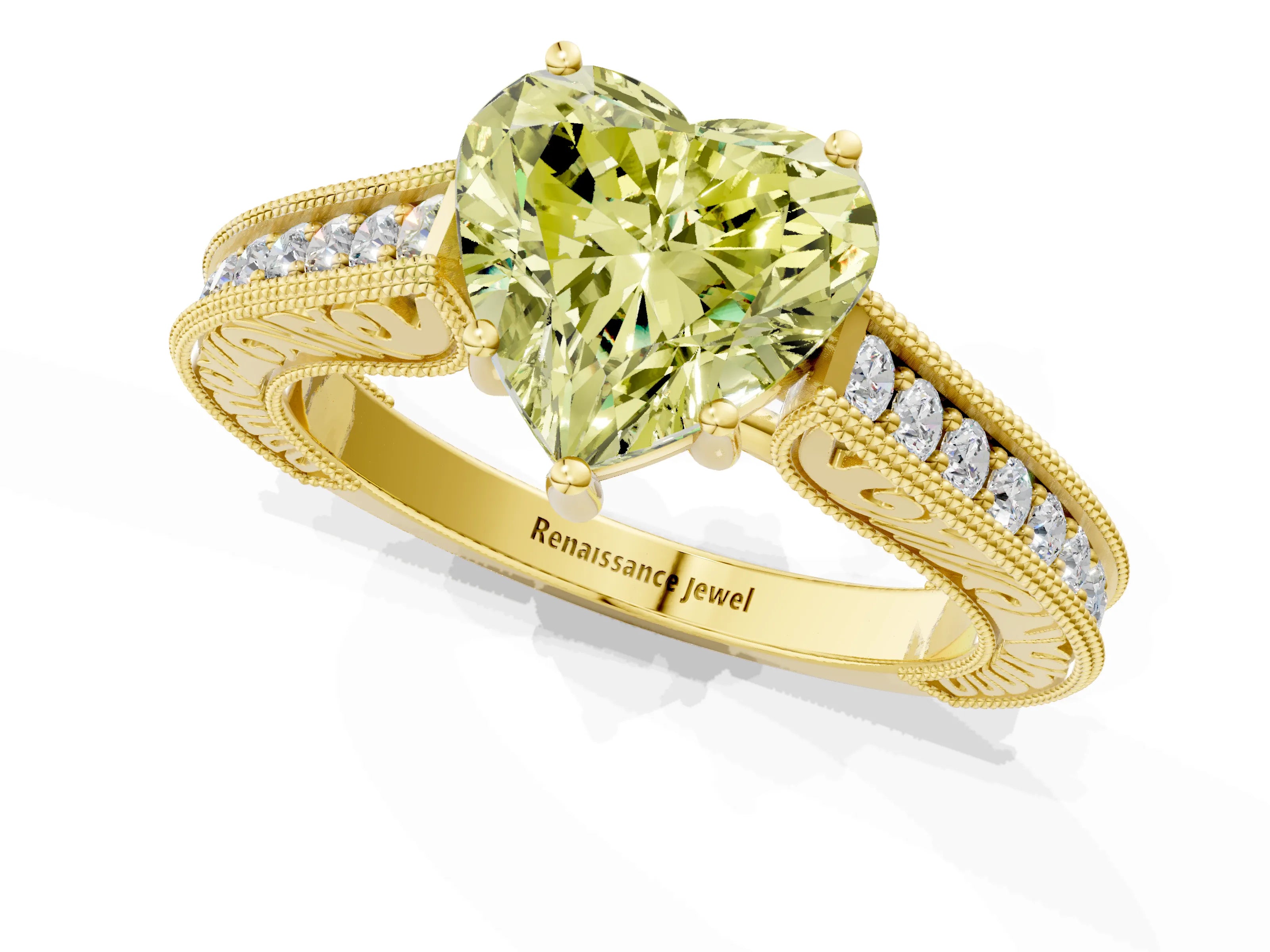 Yellow gold Fancy Yellow Heart Cut Cut Pave Band Milgrain Solitaire Ring_1