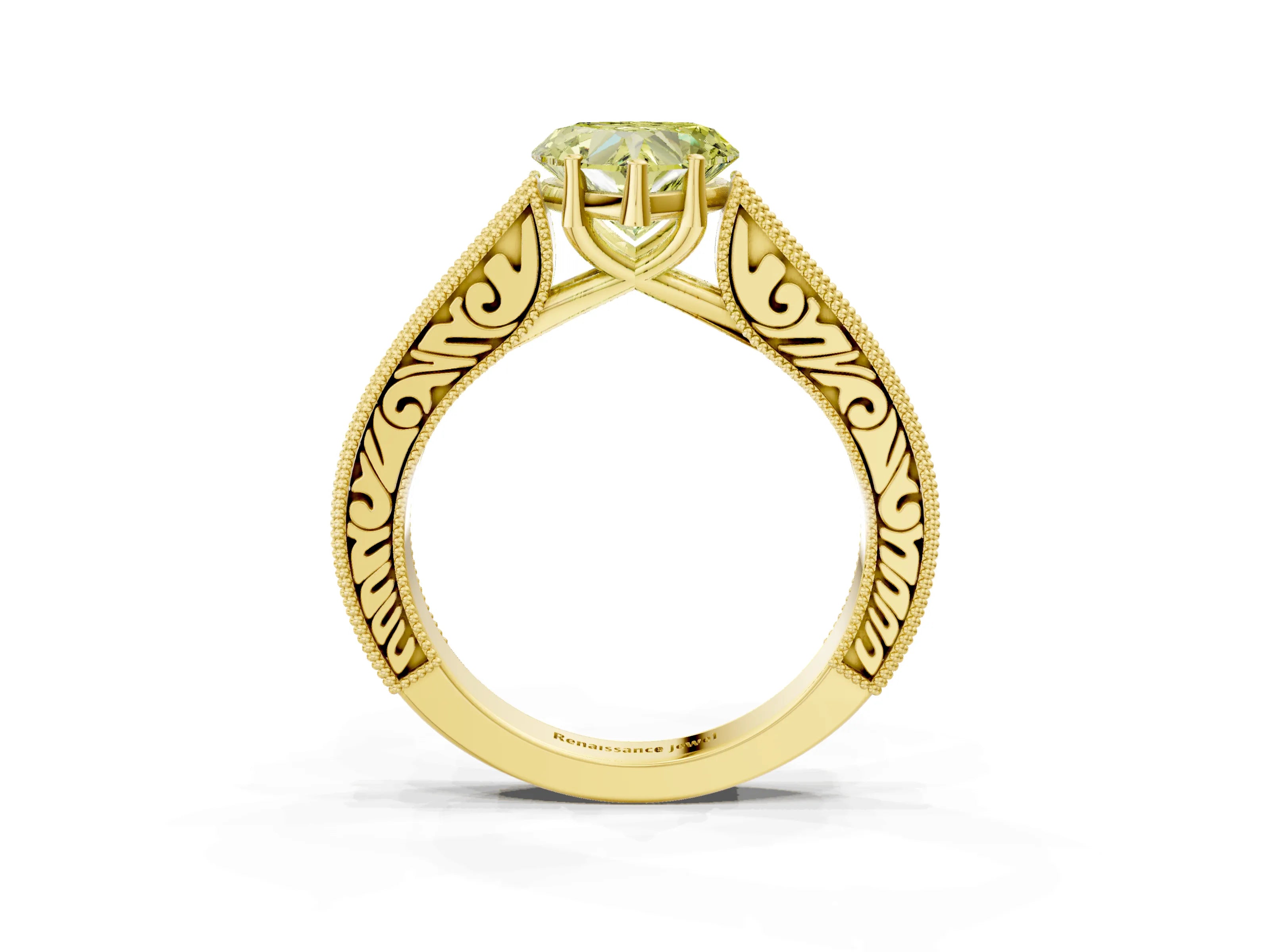 Yellow gold Fancy Yellow Heart Cut Cut Pave Band Milgrain Solitaire Ring_3