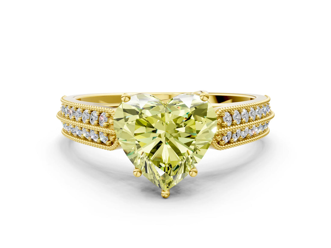 Yellow gold Fancy Yellow Heart Cut Cut Pave Split Shank Engagement Ring with Four-Prong Setting