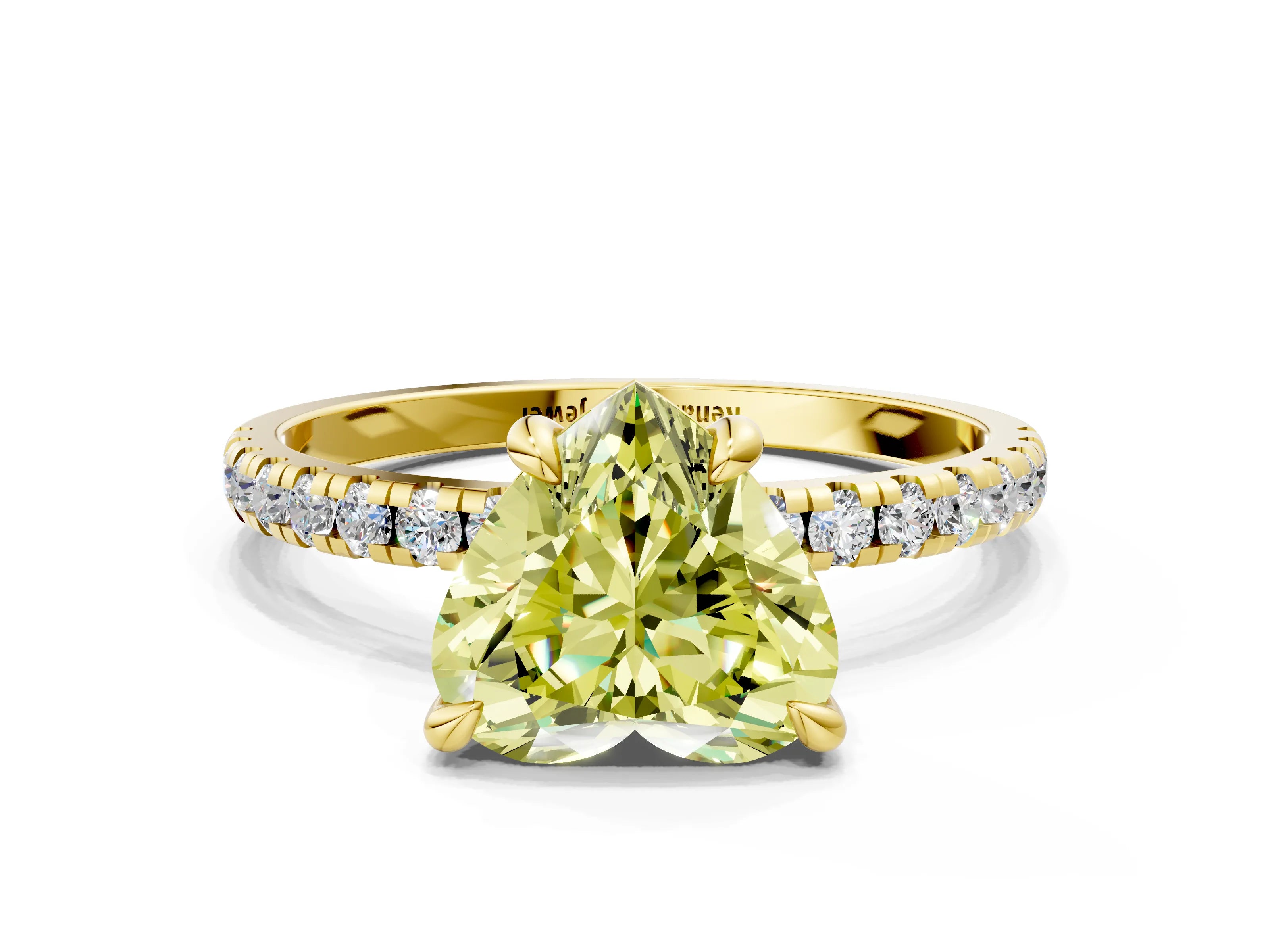 Yellow gold Fancy Yellow Heart Cut Diamond Brilliant Solitaire Ring with Pavé Band and Four-Prong Setting