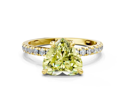 Yellow gold Fancy Yellow Heart Cut Diamond Brilliant Solitaire Ring with Pavé Band and Four-Prong Setting