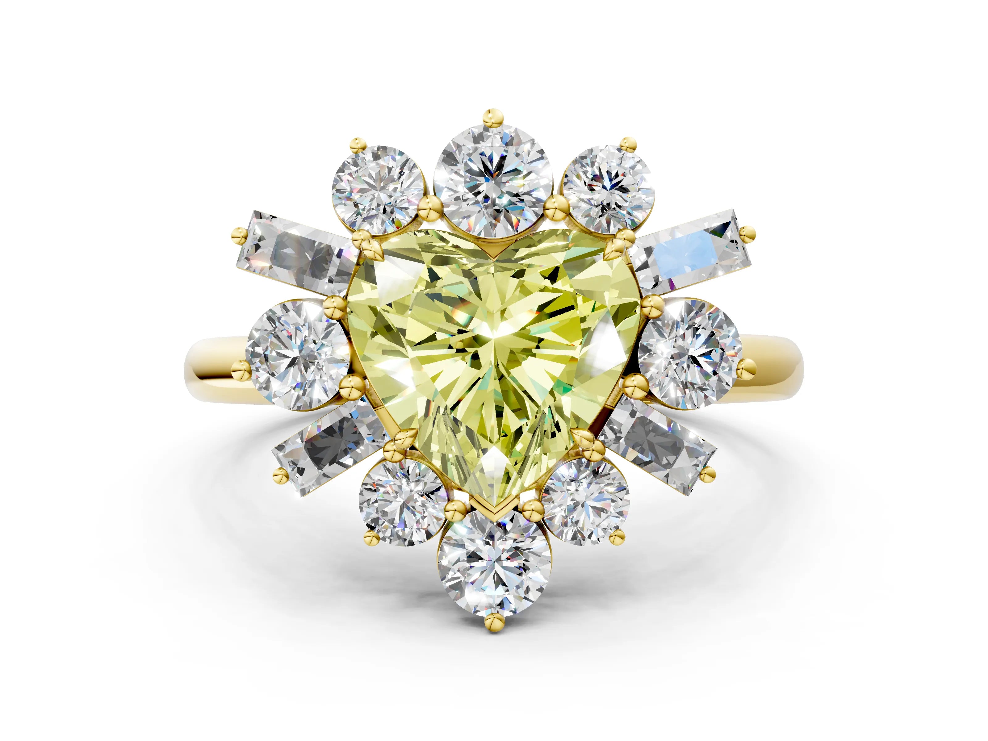 Yellow gold Fancy Yellow Heart Cut Diamond Cluster Ring with Round and Baguette Stones, Split Shank Band, Prong Setting