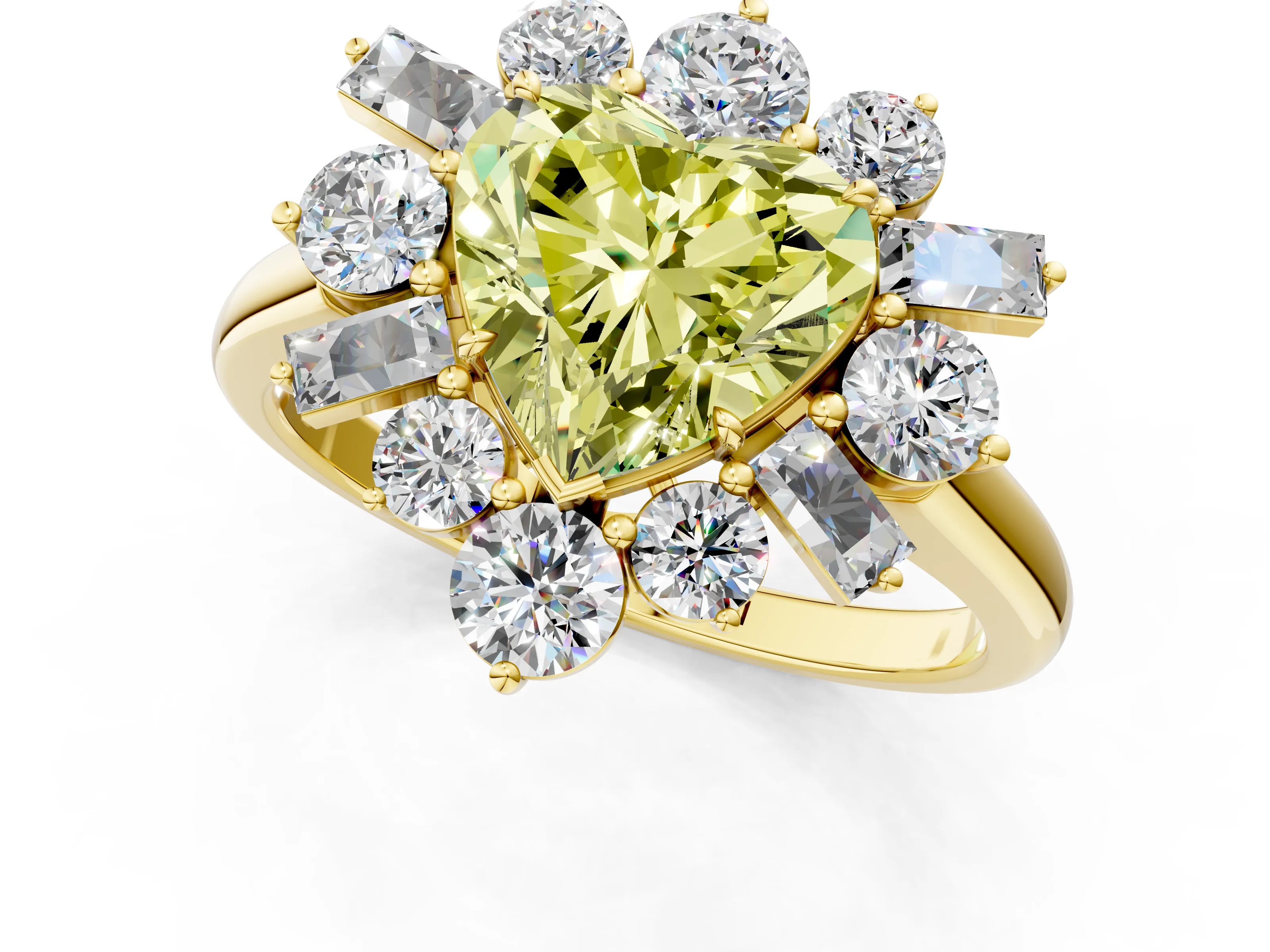 Yellow gold Fancy Yellow Heart Cut Diamond Cluster Ring with Round and Baguette Stones, Split Shank Band, Prong Setting_1