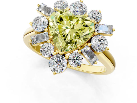 Yellow gold Fancy Yellow Heart Cut Diamond Cluster Ring with Round and Baguette Stones, Split Shank Band, Prong Setting_1