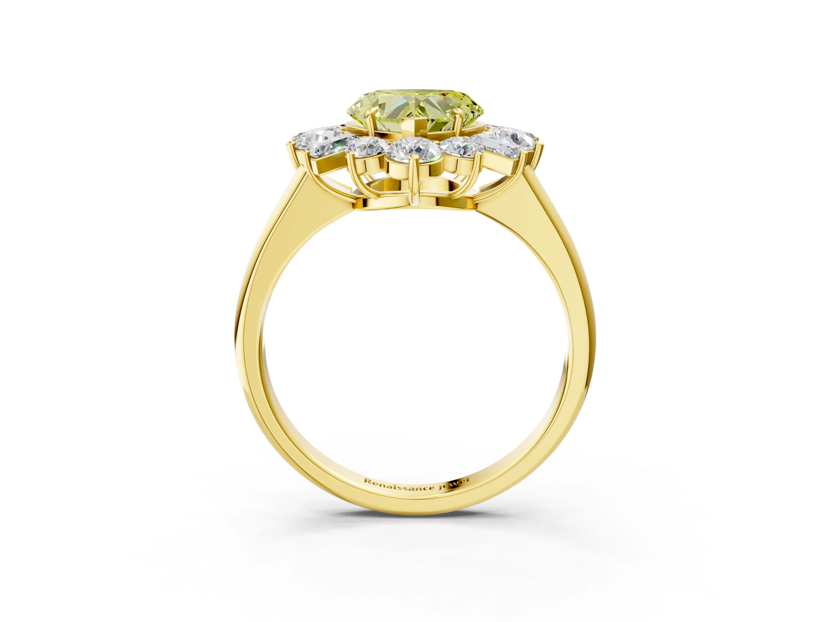 Yellow gold Fancy Yellow Heart Cut Diamond Cluster Ring with Round and Baguette Stones, Split Shank Band, Prong Setting_3