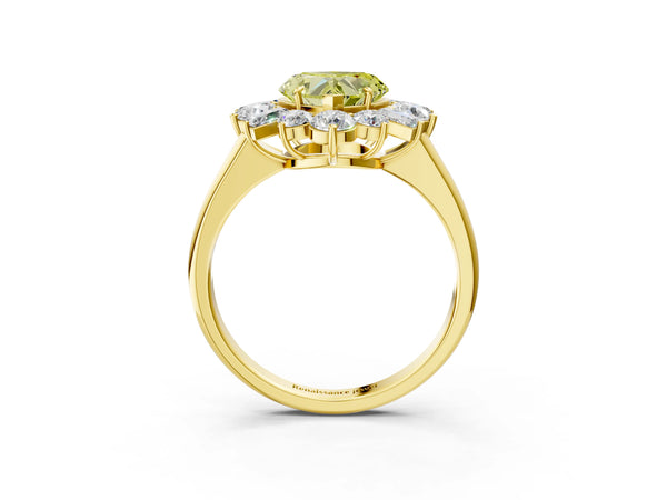 Yellow gold Fancy Yellow Heart Cut Diamond Cluster Ring with Round and Baguette Stones, Split Shank Band, Prong Setting