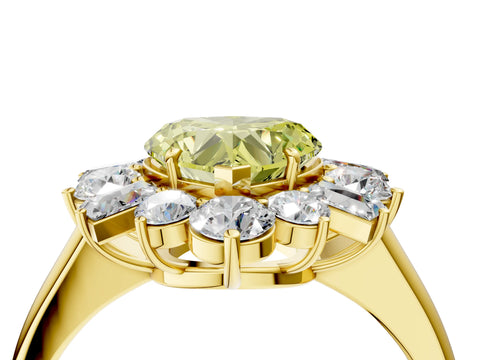 Yellow gold Fancy Yellow Heart Cut Diamond Cluster Ring with Round and Baguette Stones, Split Shank Band, Prong Setting_4
