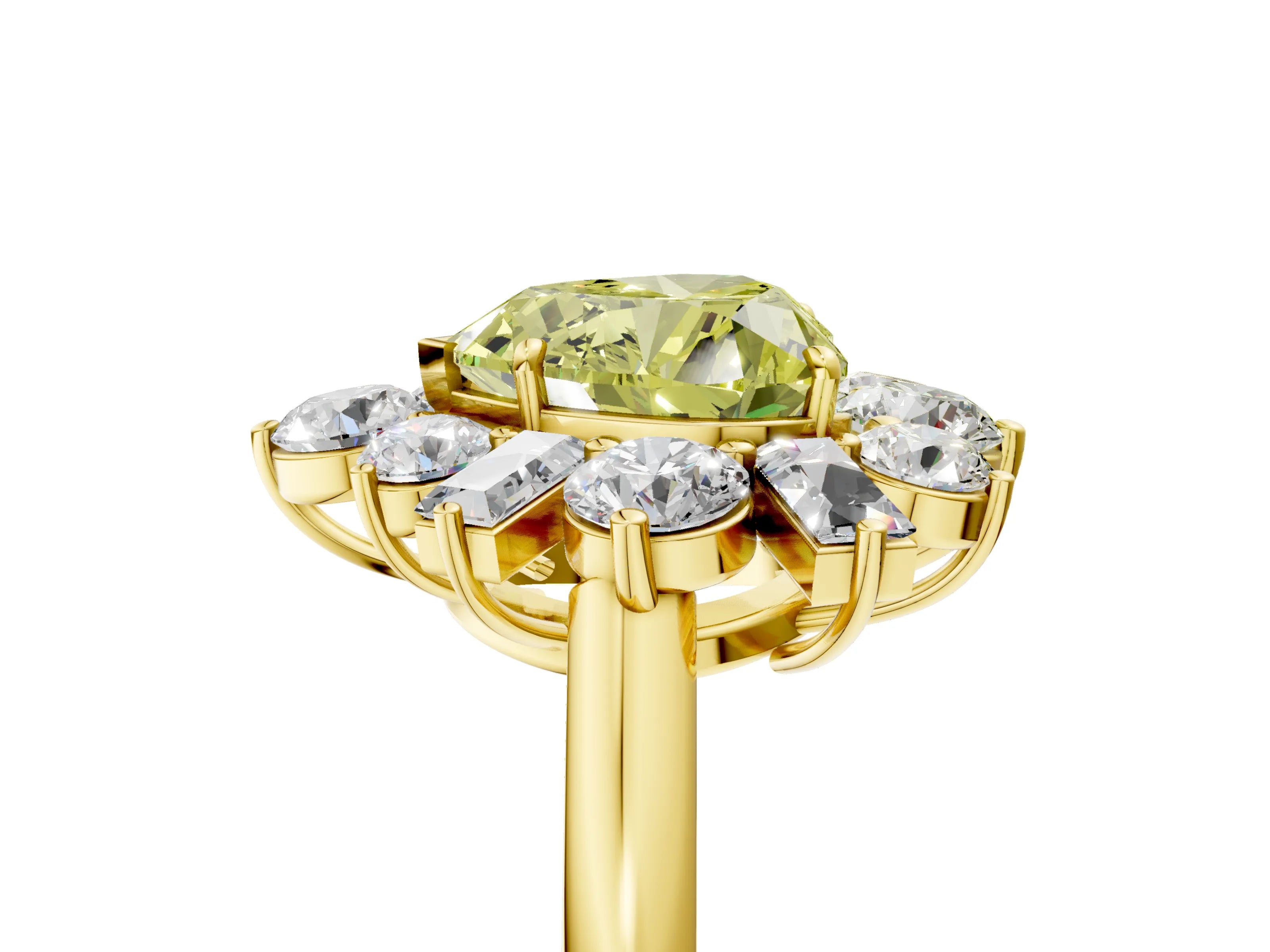 Yellow gold Fancy Yellow Heart Cut Diamond Cluster Ring with Round and Baguette Stones, Split Shank Band, Prong Setting_5